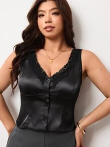 Enliva Áo vest sát nách size lớn bằng satin viền ren cổ chữ V cài nút trước cho dáng người quả lê và dáng tam giác - màu đen - Xem 7