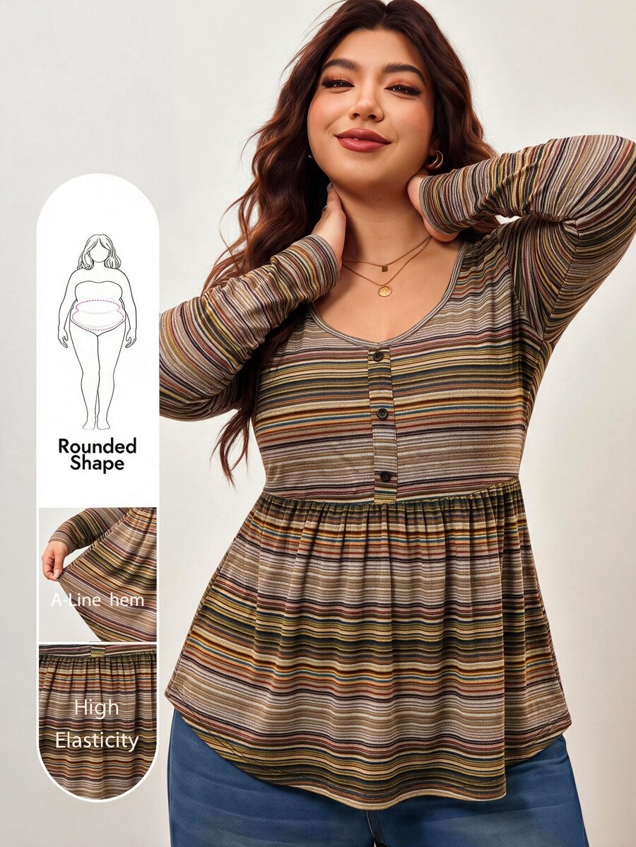 Enliva Plus Size Striped Knit Square Neck Button Detail Peplum Top Compatible With Apple Body Round Body - Multicolor - View 1
