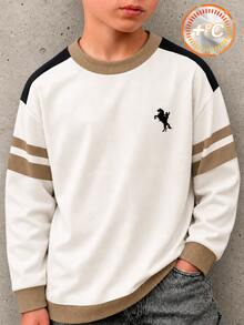 Boys' American Minimalist Sweatshirt, Pony Print With Colorblock Patchwork Sleeves, Double Stripe Detail, Ribbed Crew Neck, Pullover Top, Suitable For School, Outdoor, Travel, Spring, Autumn, Winter - Multicolor - View 1