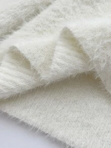 Elamini Women's Autumn/Winter Fuzzy Bow Square Neck Long Sleeve Knit Sweater - White - View 7
