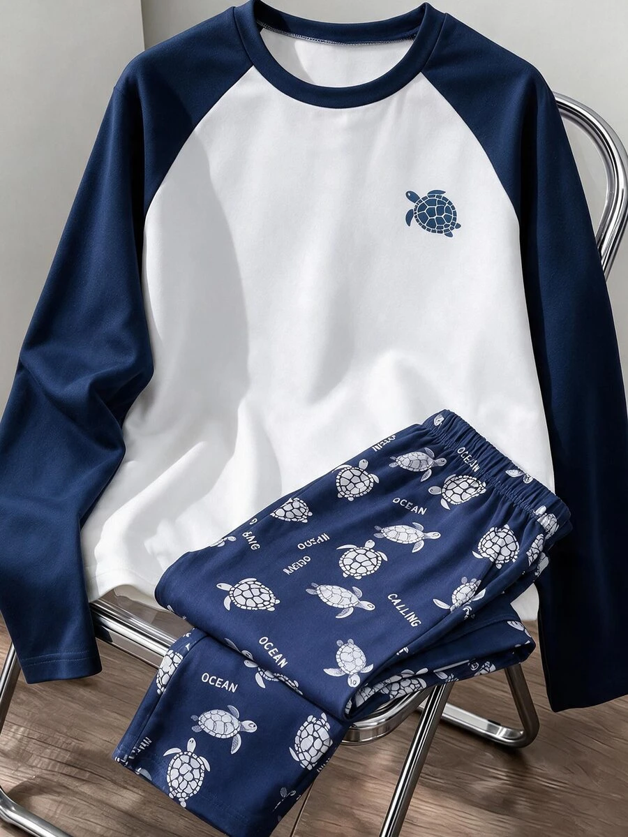SHEIN 大童男孩海龜圖案長袖上衣與長褲休閒日常居家睡衣套裝 - 彩色 - 查看 1