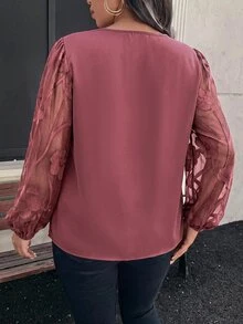 SHEIN Clasi 大尺碼女款缺口V領蕾絲拼接商務優雅襯衫 正式辦公穿搭 海軍藍 秋季 畢業季 適合母親 - 藕粉色 - 查看 2