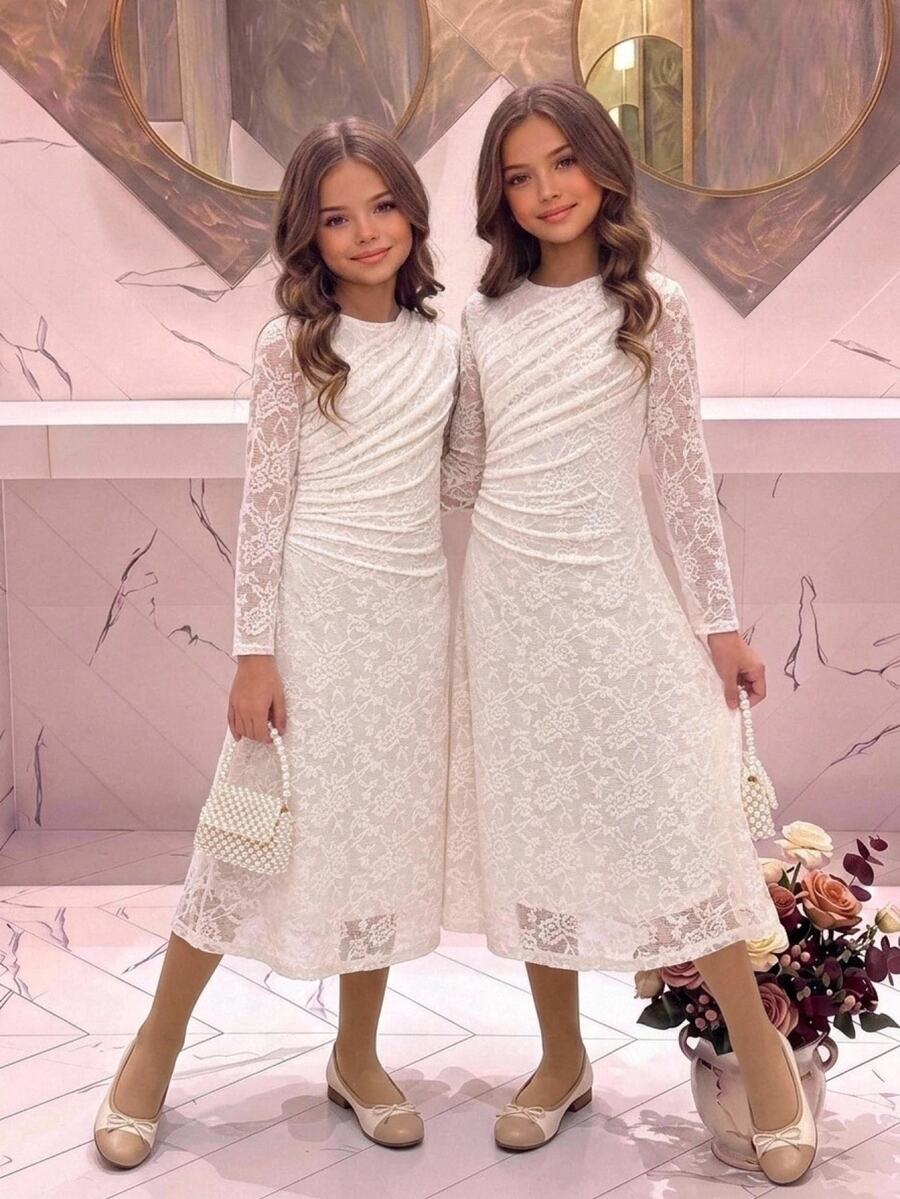 Tween Girl Girls Elegant Tween Girl Apricot Lace Knit Patchwork Long Ruched Fitted A-Line Dress, Party Dress For Autumn/Winter, Christmas And New Year - Apricot - View 1