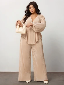Enliva Plus Size Apricot Pleated V Neck Peplum Top And Wide Leg Pants Set For Hourglass Body - Apricot - View 5