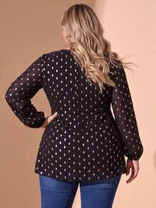 Cravure Plus Size Women's Gold Foil Polka Dot Round Neck Long Sleeve Asymmetrical Hem Fashion Top - Black - View 3