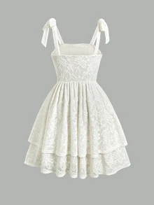 SHEIN Tween Girl Tween Girl Beige Lace Spaghetti Strap Bow Cute Elegant Ruched Waist A-Line Layered Ruffle Hem Dress, Spring Summer, Vacation Holiday - White - View 6