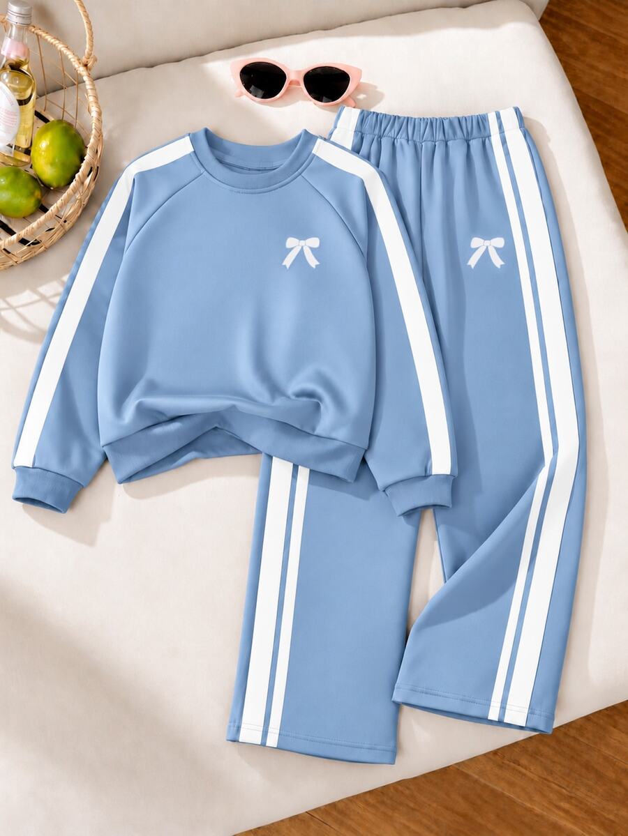 SHEIN Casuvi Kids 青少年女孩蝴蝶結印花長袖運動衫與條紋運動長褲套裝 - 藍色 - 查看 1