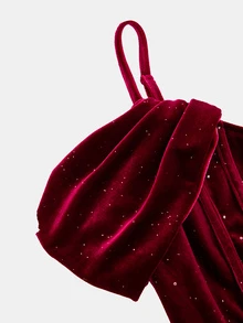 SHEIN Tween Girls Tween Girl Red Off-Shoulder Cinched Waist Princess Dress With Sequins And Velvet, Suitable For Holiday Party, Ball, Formal Occasion, Ceremony, Birthday Party, Casual Wear - Red - View 3