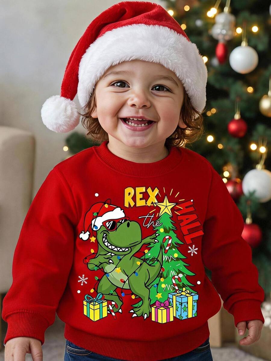 2026聖誕節幼兒中性紅色聖誕老人聖誕樹聖誕帽針織圓領休閒秋季套頭衛衣 - 彩色 - 查看 1