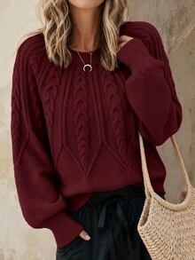 EMERY ROSE Cable Knit Lantern Sleeve Sweater,Long Sleeve Tops Knit Pullover Fall Winter - Burgundy - View 3