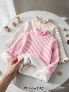 SHEIN 女童隨機 2 件組羅紋針織高領毛衣 冬季返校長袖套頭上衣 - 彩色 - 查看 4