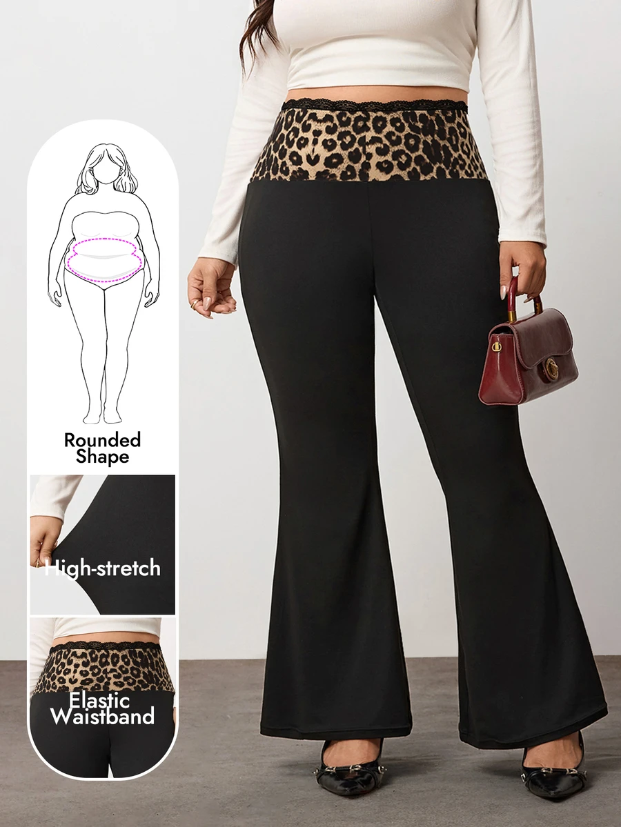 Enliva Plus-Size Women's Leopard Print Patchwork Black Stretch Flared Pants Apple,Rounded Body - Multicolor - View 1