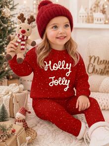 SHEIN 聖誕新年紅色亮片圓點、甜美復古女孩手寫「Holly Jolly」字母，女嬰休閒舒適抓絨內裡寬鬆圓領衛衣與運動褲2件套，適合秋冬日常穿著，慵懶隨性復古聖誕，限量節日禮物，快樂假期姐妹裝，舒適氛圍 - 彩色 - 查看 3