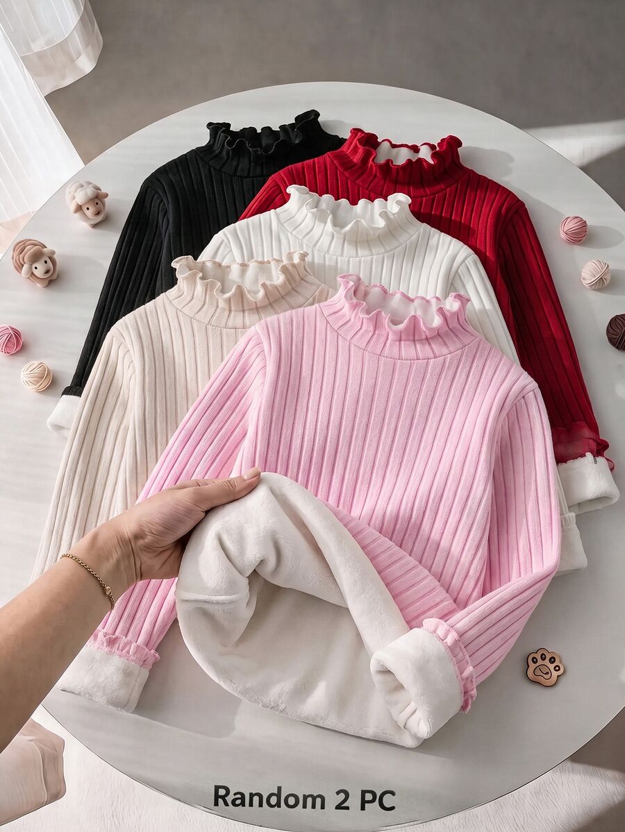 SHEIN 女童隨機 2 件組羅紋針織高領毛衣 冬季返校長袖套頭上衣 - 彩色 - 查看 1