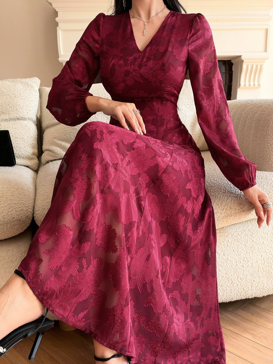 DAZY V-Neck Jacquard Elegant Women's Midi Dress - Red Violet - View 1
