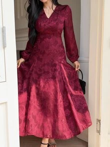 DAZY V-Neck Jacquard Elegant Women's Midi Dress - Red Violet - View 4