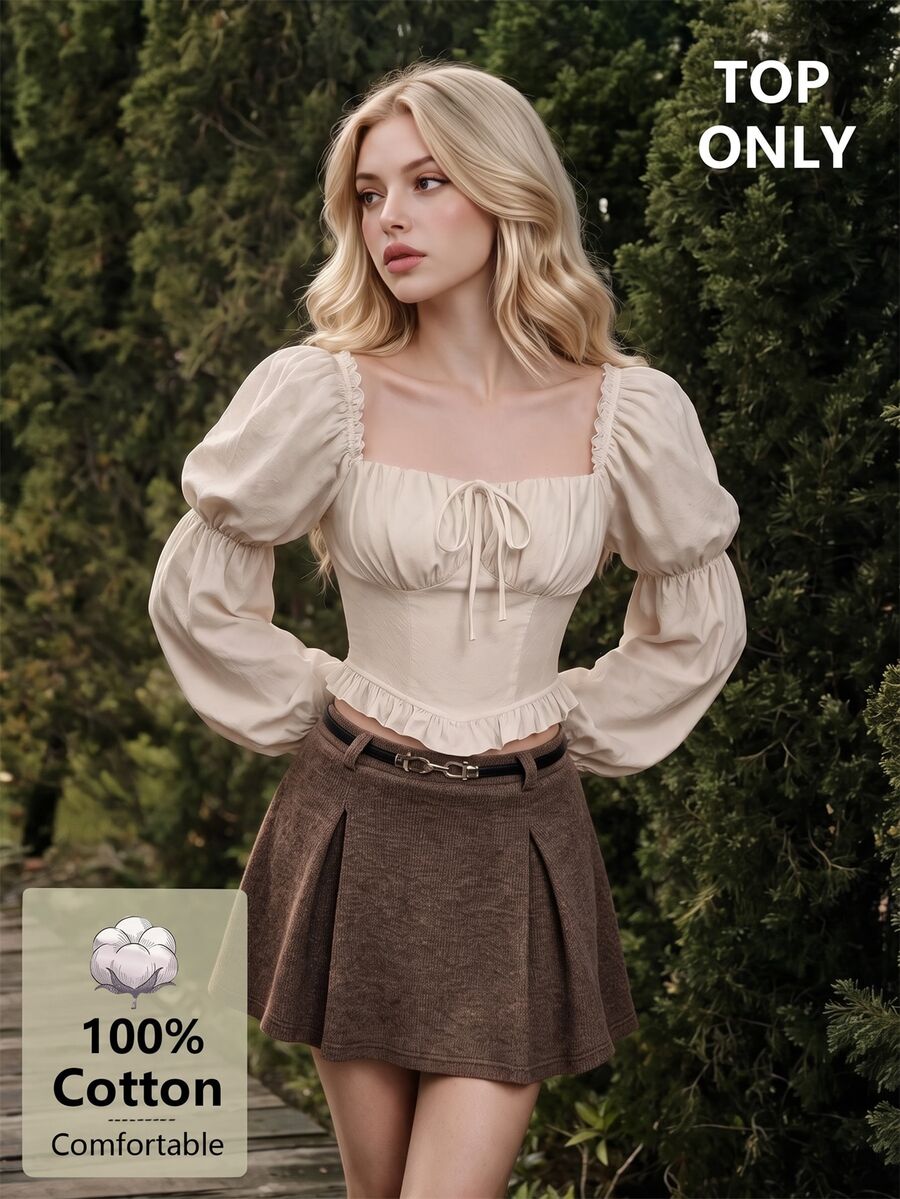 SHEIN MOD 女款 100% 純棉純色方領前綁帶抓皺荷葉邊燈籠袖上衣 白色甜美少女風休閒聚會約會聖誕秋季上衣 - 杏色 - 查看 1