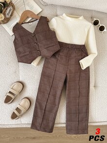 SHEIN 3pcs Young Girl Classy Buttoned Vest Turtleneck Long Sleeve Knit Top Wide Leg Pants Outfit Back To School Homecoming Party Fall Style Fall Outfits - Apricot - View 1