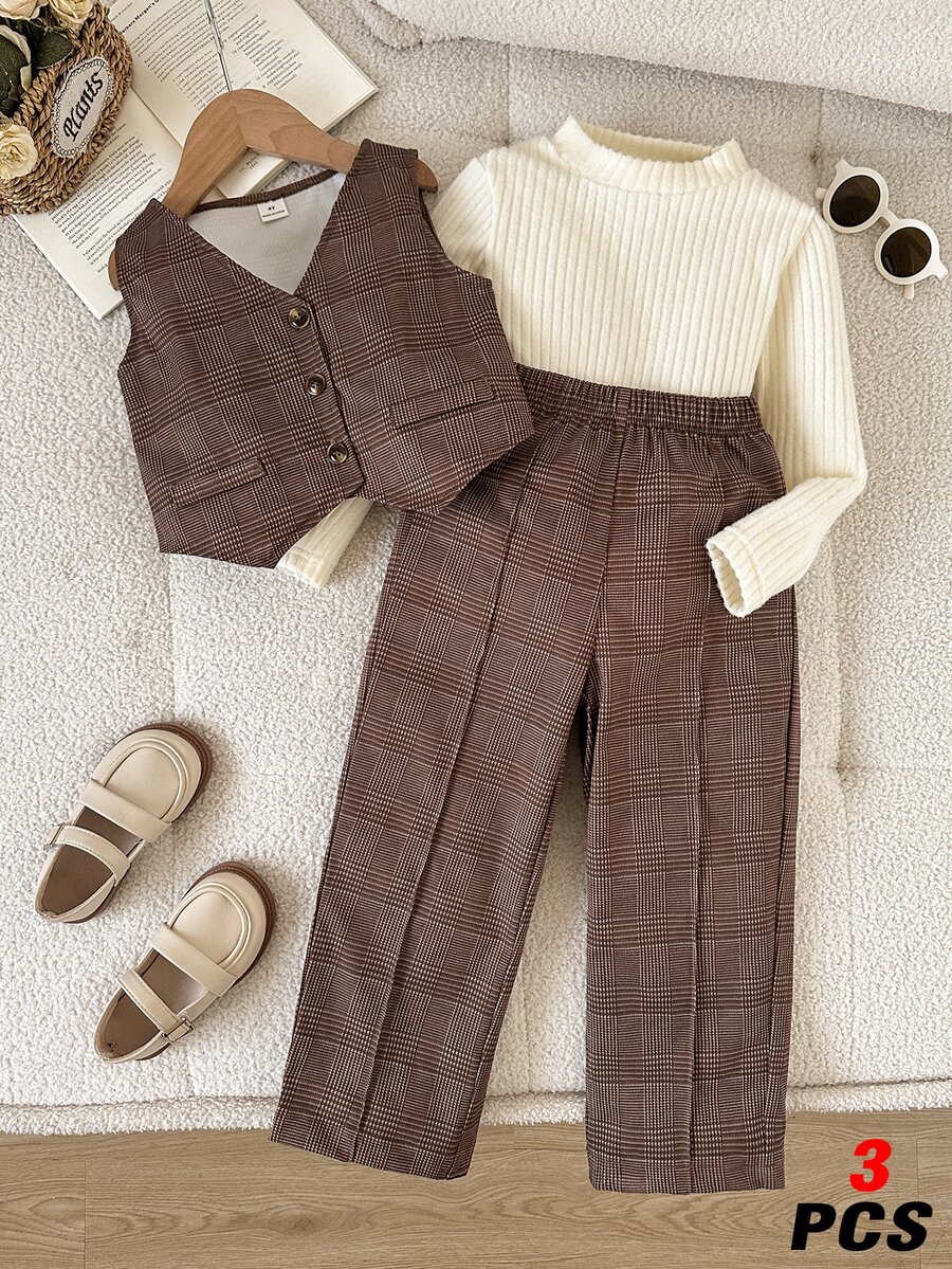 SHEIN 3pcs Young Girl Classy Buttoned Vest Turtleneck Long Sleeve Knit Top Wide Leg Pants Outfit Back To School Homecoming Party Fall Style Fall Outfits - Apricot - View 1