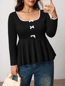 Enliva Plus Size Women's Color Block Collar Butterfly Decoration Long-Sleeve T-Shirt Apple,Rounded Body - Black and White - View 3