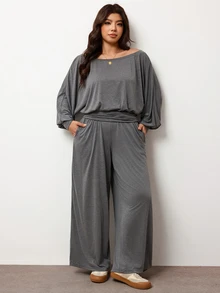 Enliva Plus Size Women's Autumn Casual Everyday Comfortable Off-Shoulder T-Shirt Set Apple,Rounded Body - Grey - View 6