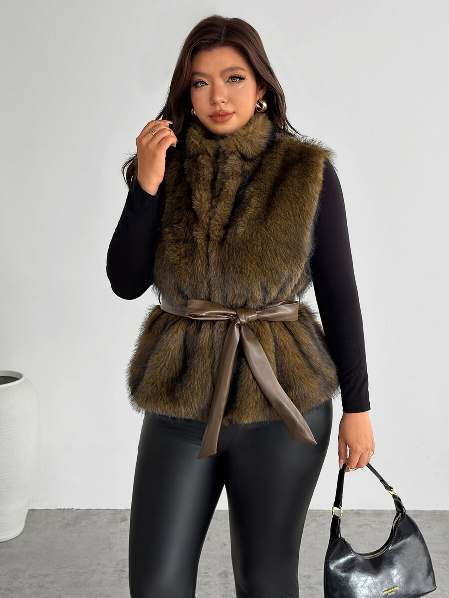 Firerie Plus Size Vintage Faux Fur Vest Jacket - Brown - View 1