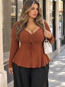 Vionelle Sweetheart Collar Front Drawstring Ribbed Long Sleeve T-Shirt, Plus Size Fall Cloth For Women - Burnt Orange - View 1