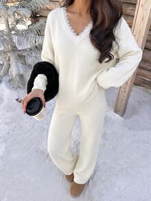 Dulcita Women's Lace Trim Long Sleeve Top And Pants Knit Two Pieces Set - White - View 3