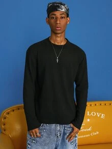 STEELVANCE Men's Solid Color Casual Versatile Daily Long Sleeve T-Shirt - Black - View 1