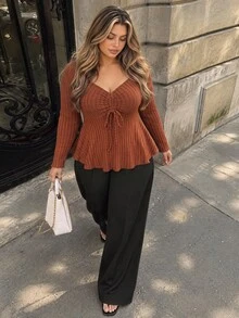 Vionelle Sweetheart Collar Front Drawstring Ribbed Long Sleeve T-Shirt, Plus Size Fall Cloth For Women - Burnt Orange - View 6