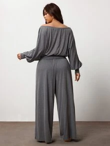 Enliva Plus Size Women's Autumn Casual Everyday Comfortable Off-Shoulder T-Shirt Set Apple,Rounded Body - Grey - View 2