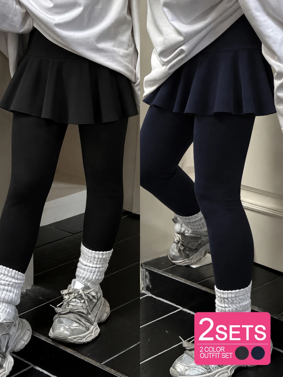 SHEIN Tween Girl Leggings, Casual Uniform Cute Elegant Skorts 2 In 1 With Bow Pattern, Suitable For Spring, Autumn, Summer, Perfect For School Grey Black - Multicolor - View 1