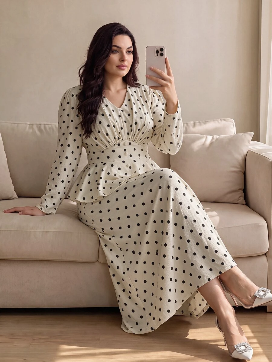Modelyn Plus Size Women's Apricot Knit Digital Print Polka Dot Long Sleeve Cinched Waist A-Line Elegant Commuter Top And Fabric Button Skirt 2 Pieces Set - Apricot - View 1