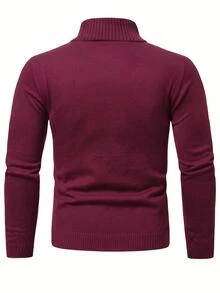 Marvello Homme 男士休閒素色高領毛衣，秋冬款長袖上衣 - 酒紅色 - 查看 2