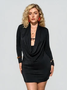 Enliva Plus Size Cowl Neck Long Sleeve Bodycon Mini Dress For Hourglass - Black - View 7