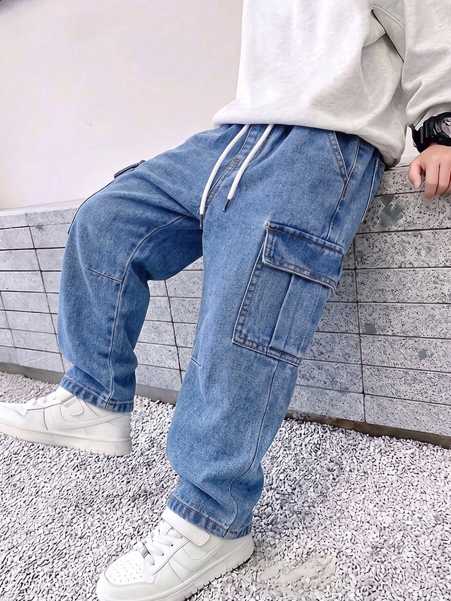 SHEIN Boys' Stylish Workwear Denim Jeans, Light Blue Washed Drawstring Elastic Waist Double Pocket Long Pants, Casual Trousers - Medium Wash - View 1