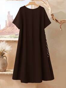 Rusticease Plus Size Geometric Print Round Neck Casual Short Sleeve Dress, Suitable For Summer - Coffee Brown - View 2