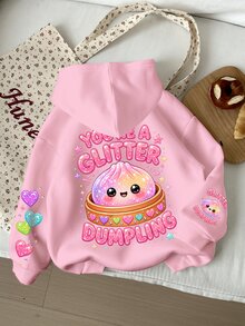 SHEIN Tween Girls Casual Cute Fun Squeeze Bun Pattern, Glitter, Rhinestone Bun, Cream Pink, Thick Soft Comfortable Hooded Sweatshirt Suitable For Autumn/Winter, Graphic, Cozy, Y2K, Cozy Fall & Winter Styles - White - View 1