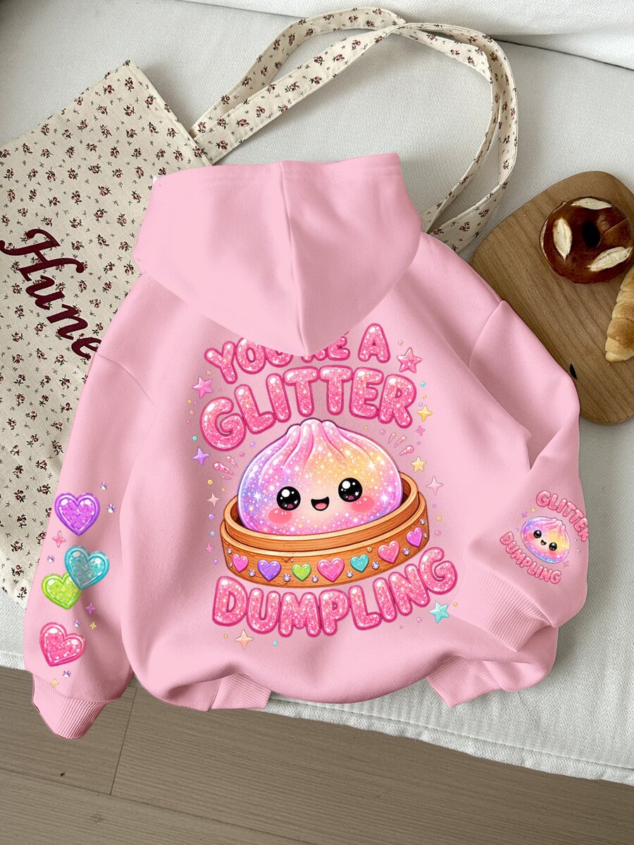SHEIN Tween Girls Casual Cute Fun Squeeze Bun Pattern, Glitter, Rhinestone Bun, Cream Pink, Thick Soft Comfortable Hooded Sweatshirt Suitable For Autumn/Winter, Graphic, Cozy, Y2K, Cozy Fall & Winter Styles - White - View 1