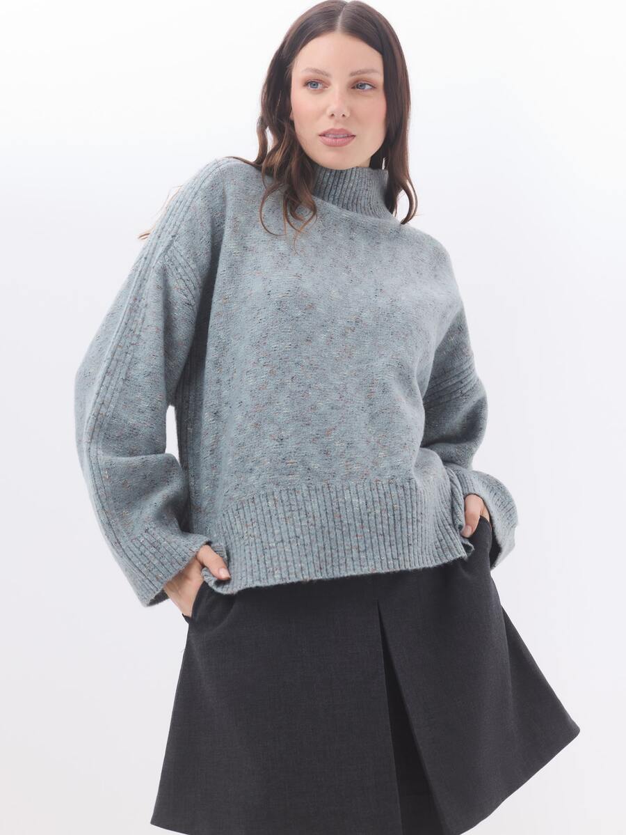 KÆRIA Hus Relaxed Funnel-Neck Jumper - Soft Touch Knit - Blue Grey Marle - Winter Sweater, Minimalist, Office - Grey - View 1