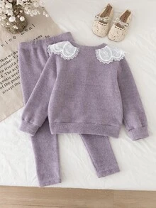SHEIN Girls Purple Lace Trim Oversized Collar Cardigan Set, Young Girl Autumn/Winter Ribbed Long Sleeve Top + Pants 2 Pieces Set, Sweet Princess Style, Soft And Comfortable - Purple - View 2