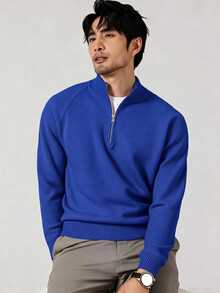 Manfinity Homme Men's Minimalist Versatile Ribbed Long Sleeve Sweater For Daily Wear Old Money Couple Matching Outfit - Blue - View 4