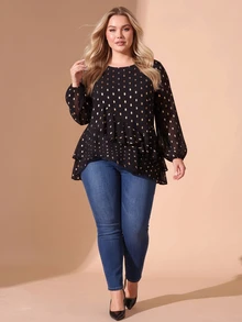 Cravure Plus Size Women's Gold Foil Polka Dot Round Neck Long Sleeve Asymmetrical Hem Fashion Top - Black - View 8