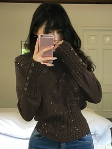 DAZY Women's Sequin Button Long Sleeve Vintage Sweater - Brown - View 5