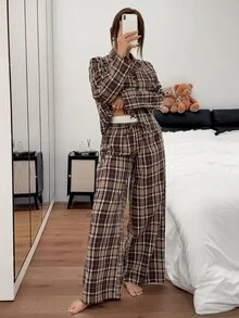 Napfluff Women's American Casual Woven Plaid Lapel Button-Front Long Contrast Color Double-Layer Waist Pajama Set - Coffee Brown - View 1