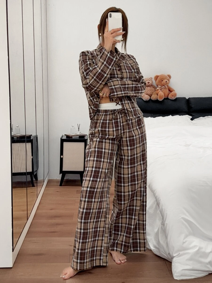 Napfluff Women's American Casual Woven Plaid Lapel Button-Front Long Contrast Color Double-Layer Waist Pajama Set - Coffee Brown - View 1