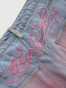 ROMWE Grunge Punk Y2K辣妹字母刺繡破洞寬鬆寬腿牛仔褲 - 粉色 - 查看 4