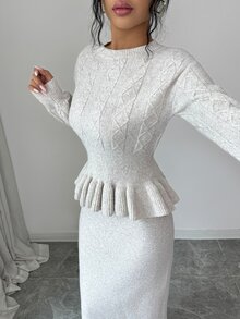 Elenzga Women's Autumn New Arrival Single Piece Round Neck Fitted Short Hem Ruffle Hem Rope Pattern Fashion Classic Personalized Elegant Elastic Waist Mid-Length Versatile Daily Commute Knit 2 Pieces Set - Beige - View 4