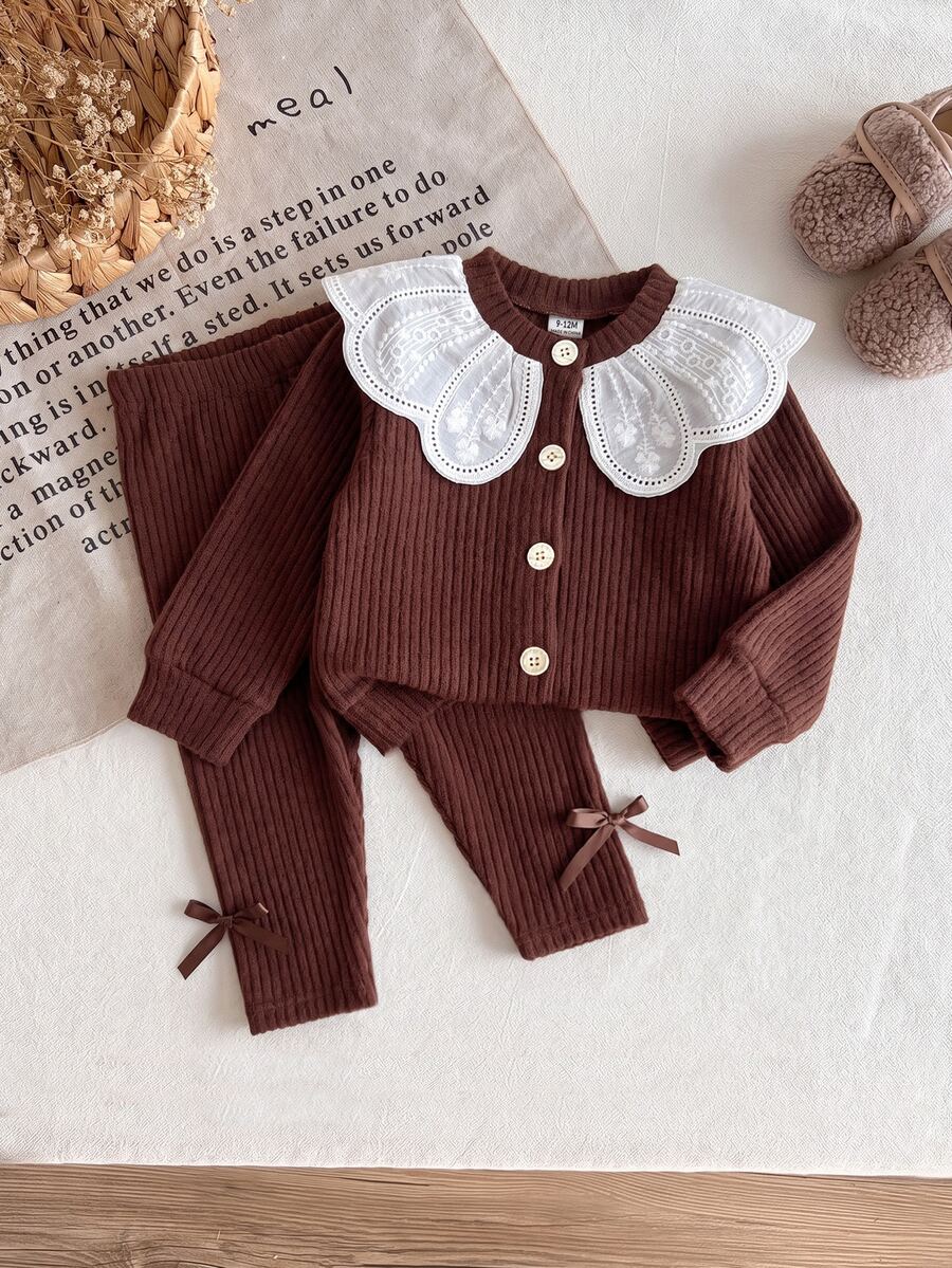 SHEIN 2pcs Toddler Baby Girl Cardigan Pants Set Burgundy White Floral Knit Lace Collar Rib Bows Long Sleeve Round Neck Button Front Fall Winter - Brown - View 1