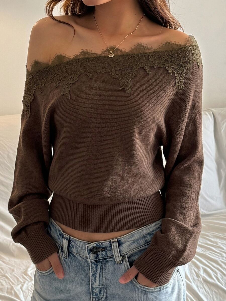 SHEIN 青少年女孩新款優雅純色棕色秋季不對稱肩蕾絲拼接針織衫 - 棕色 - 查看 1